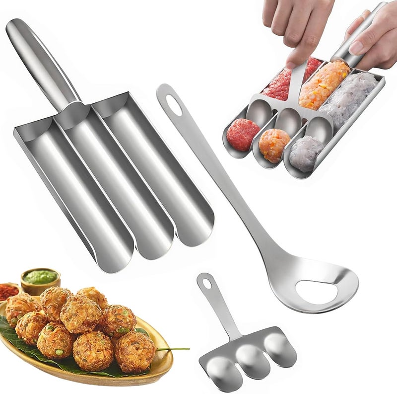 AMUSCHAT Triple Meatball Maker With Cutting Spade + Meat Ball Scoop, Stainless Steel Manual Home Meat Ball Maker, Kitchen Mould for Quick Making Hush Puppy, Fritter, Sweet Ball, Rice Ball, Chicken Meatball - Image 1